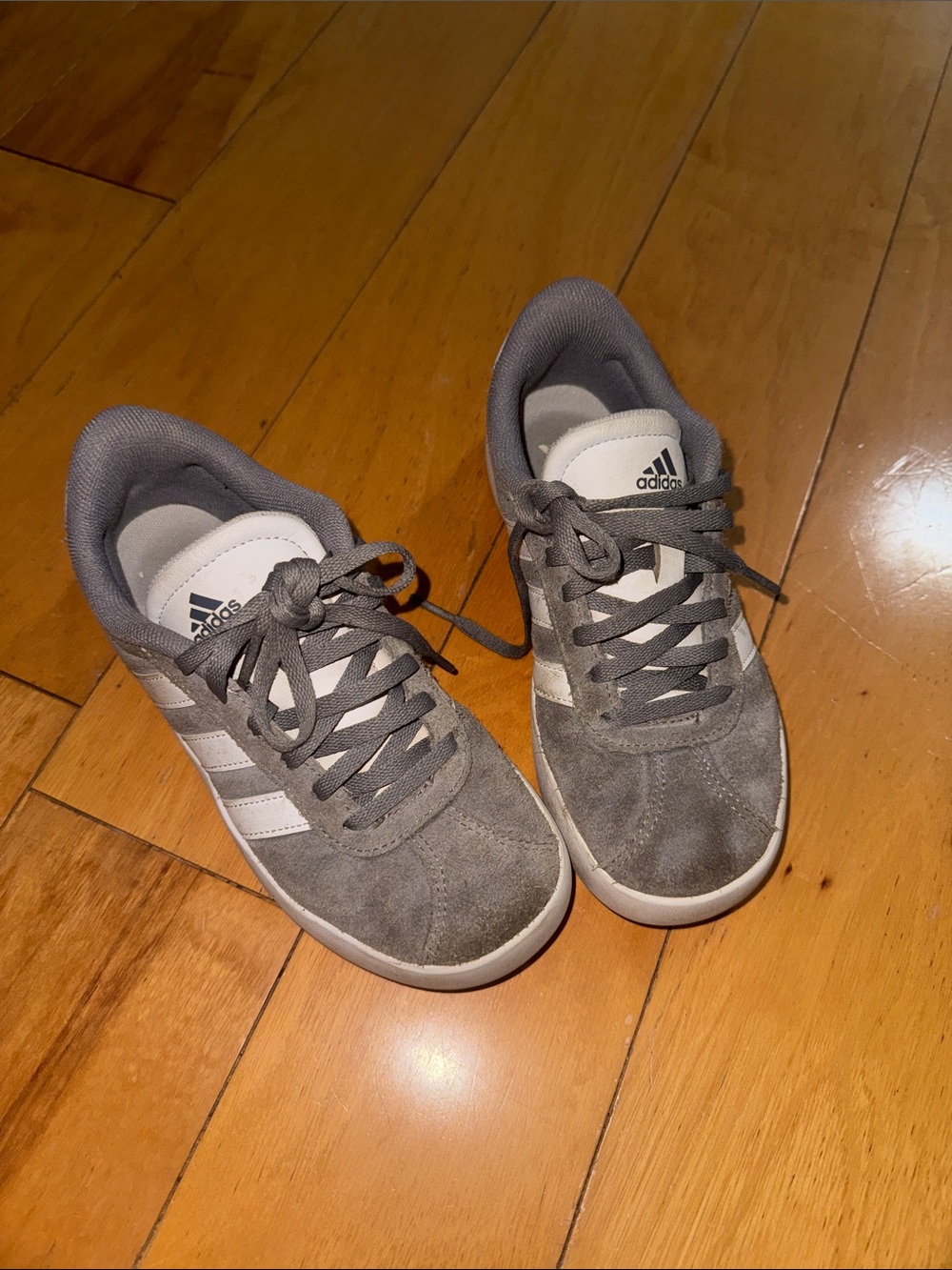 adidas Gray Suede Sneakers with White Stripes and Logo